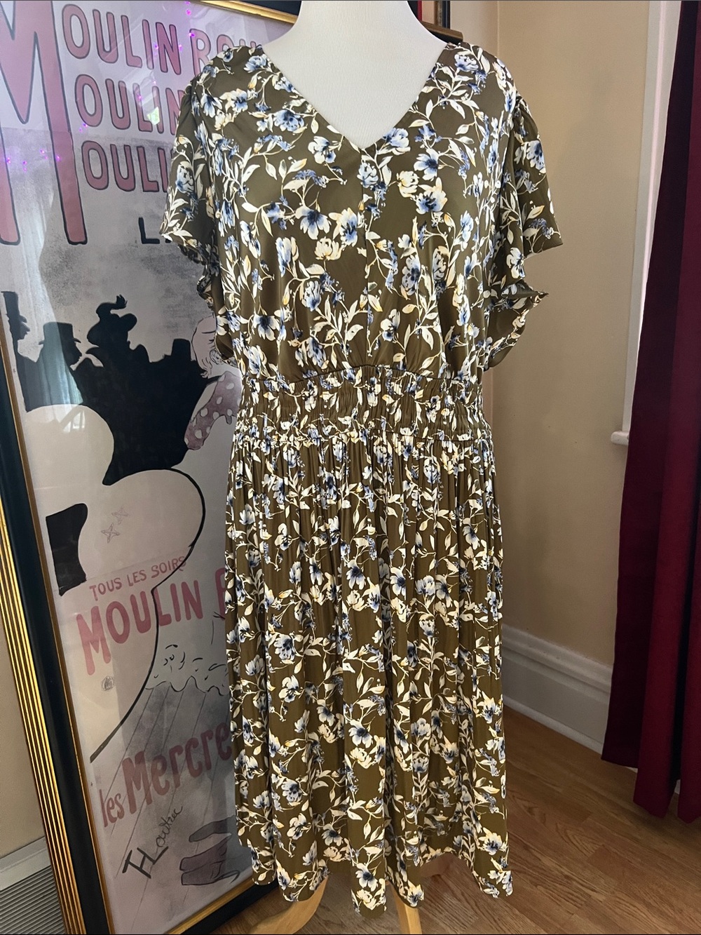 Lane Bryant Olive Floral V-Neck Midi Dress with White and Blue Accents Size 22